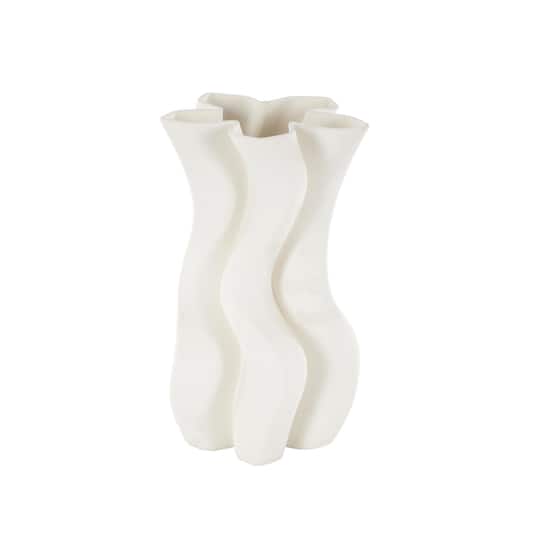 White Ceramic Abstract Ribbed Dimensional Wavy Vase with Floral Shaped Rim